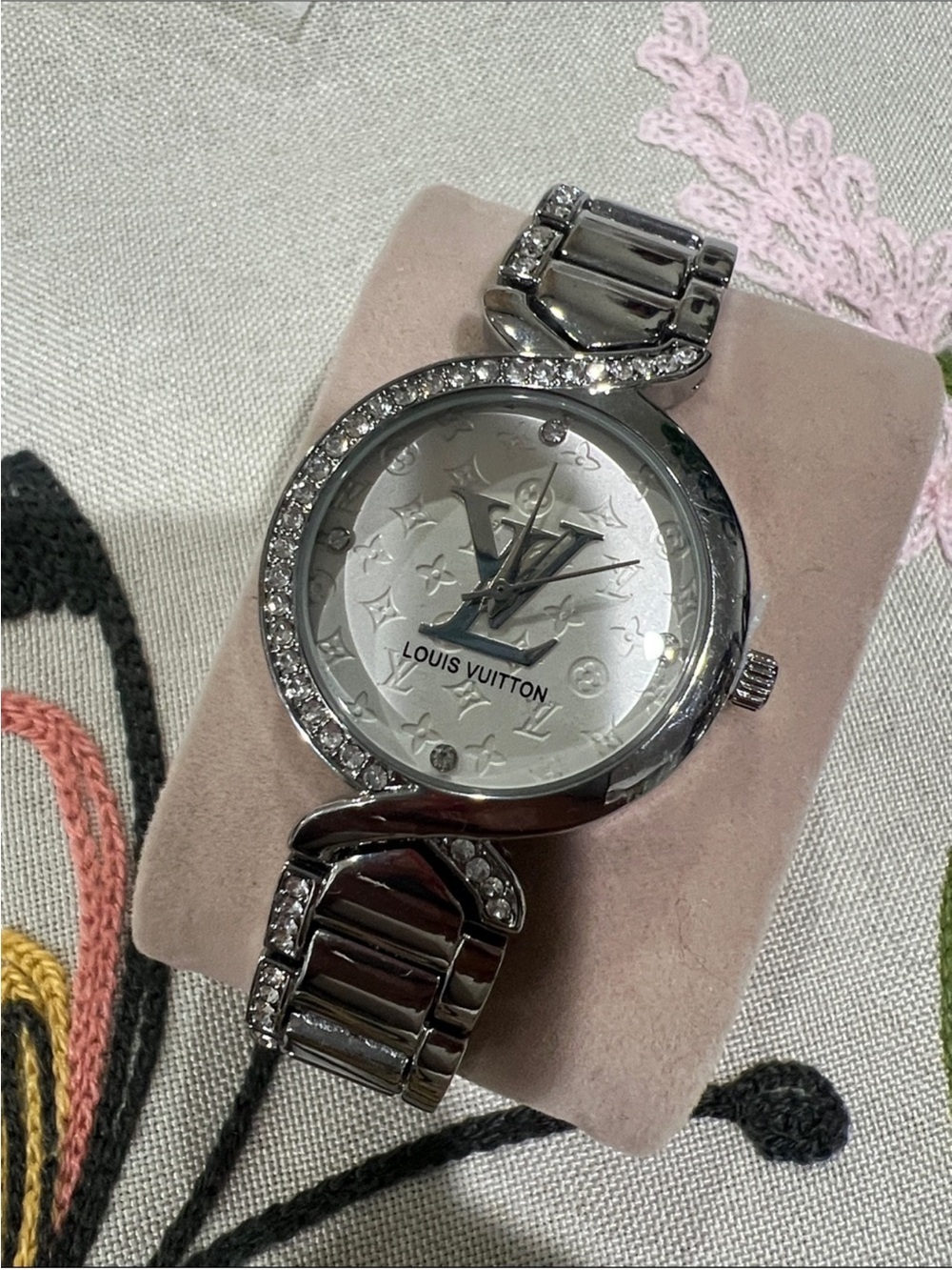 Women's Silver Monogram Crystal Accent Watch